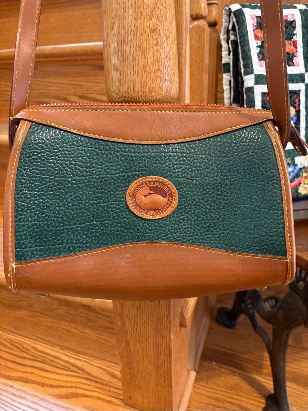 Vintage Dooney & Bourke Green and Brown Pebbled Leather Shoulder Bag